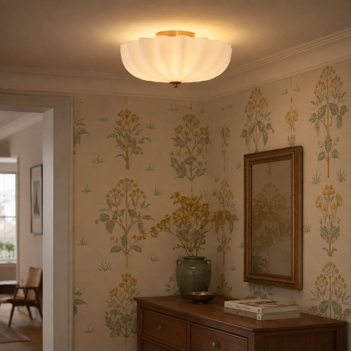 Aster Nordic Scalloped Glass 3-Light Semi-Flush Ceiling Light