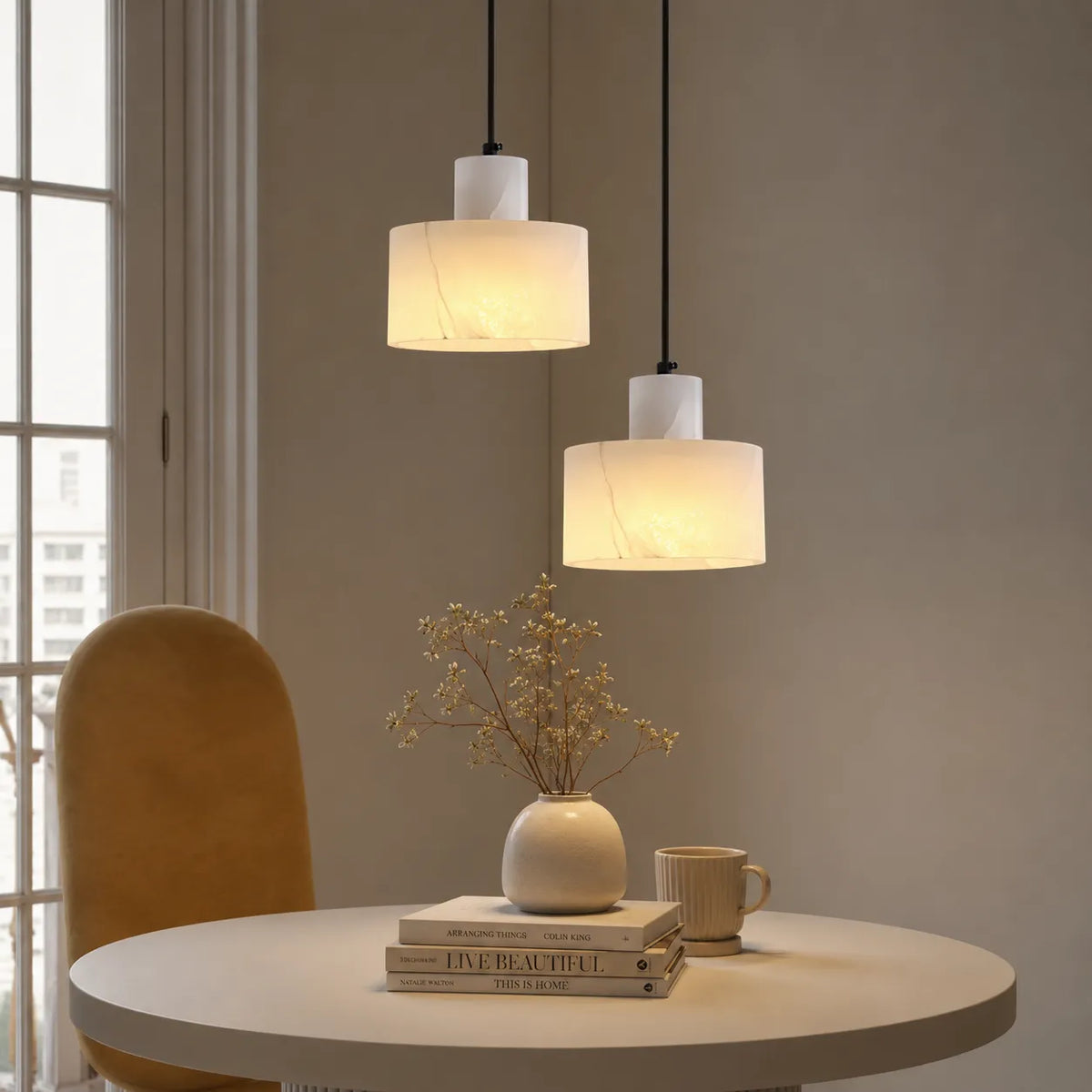 Ariine Nordic Alabaster & Copper Cylinder Pendant Light