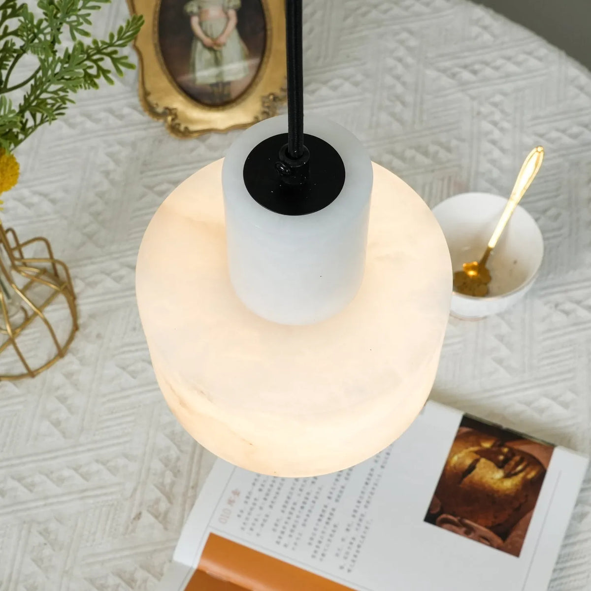 Ariine Nordic Alabaster & Copper Cylinder Pendant Light