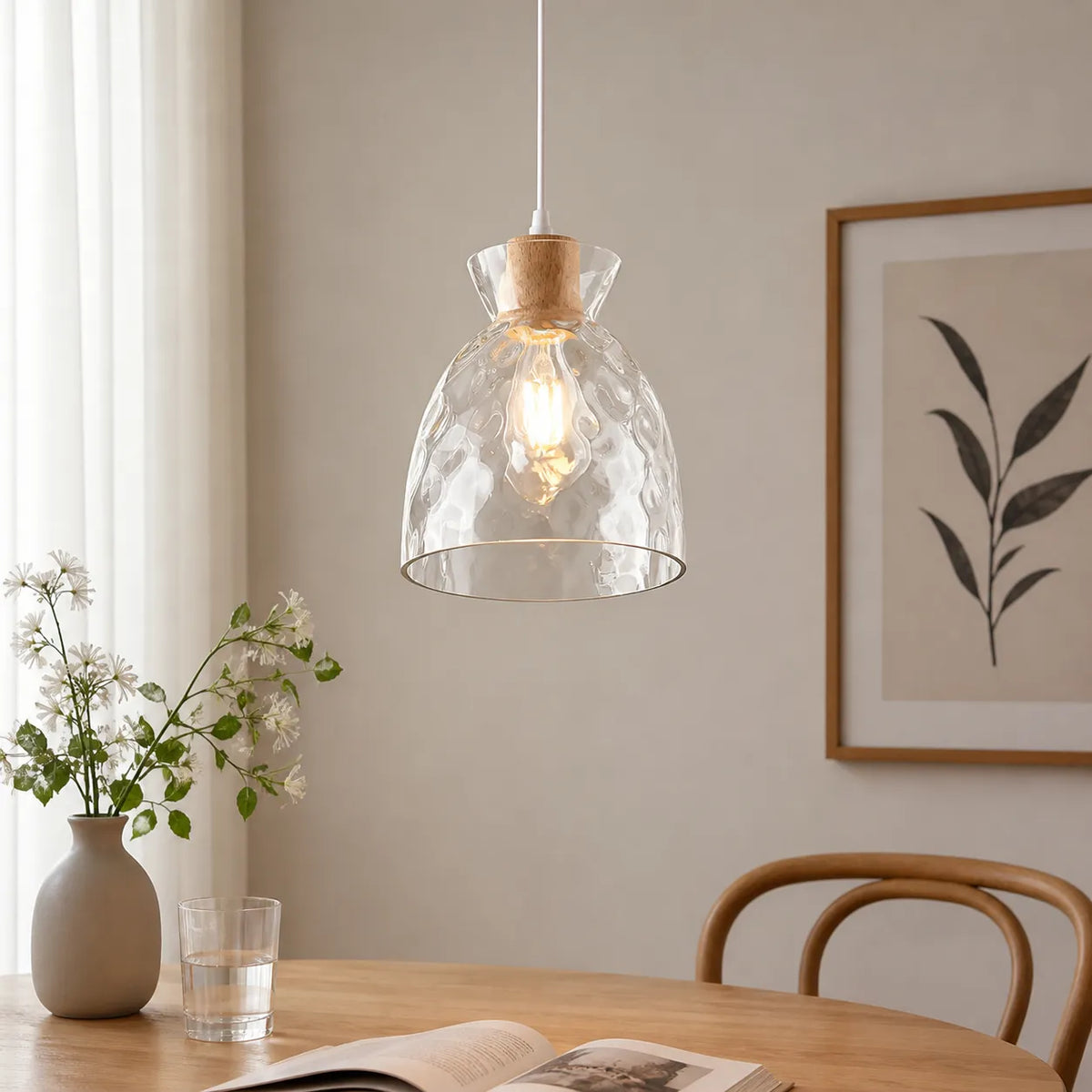 Carmen Nordic Water-Pattern Glass & Wood Pendant Light