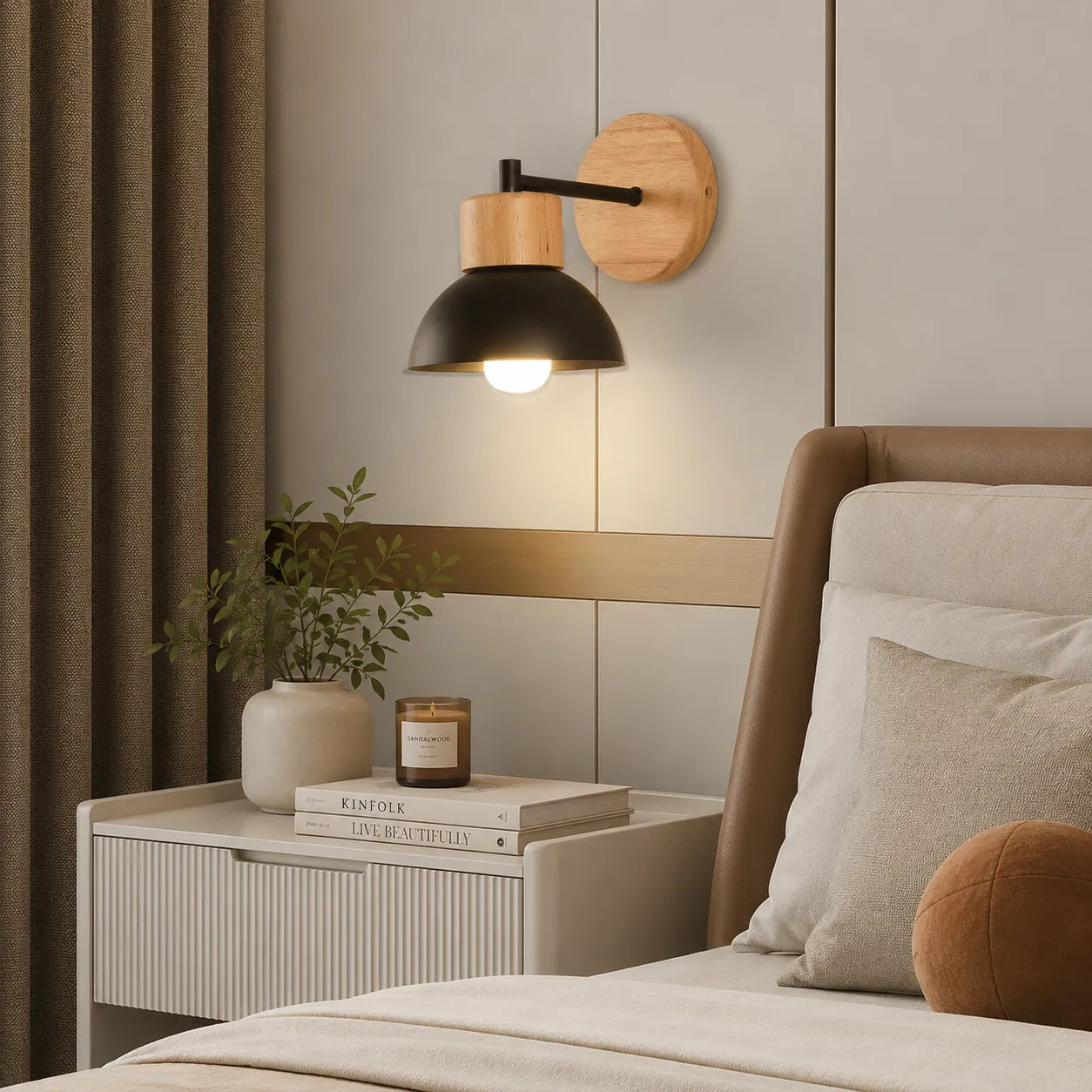 Nordic Wood Accent Iron LED Wall Sconce Light