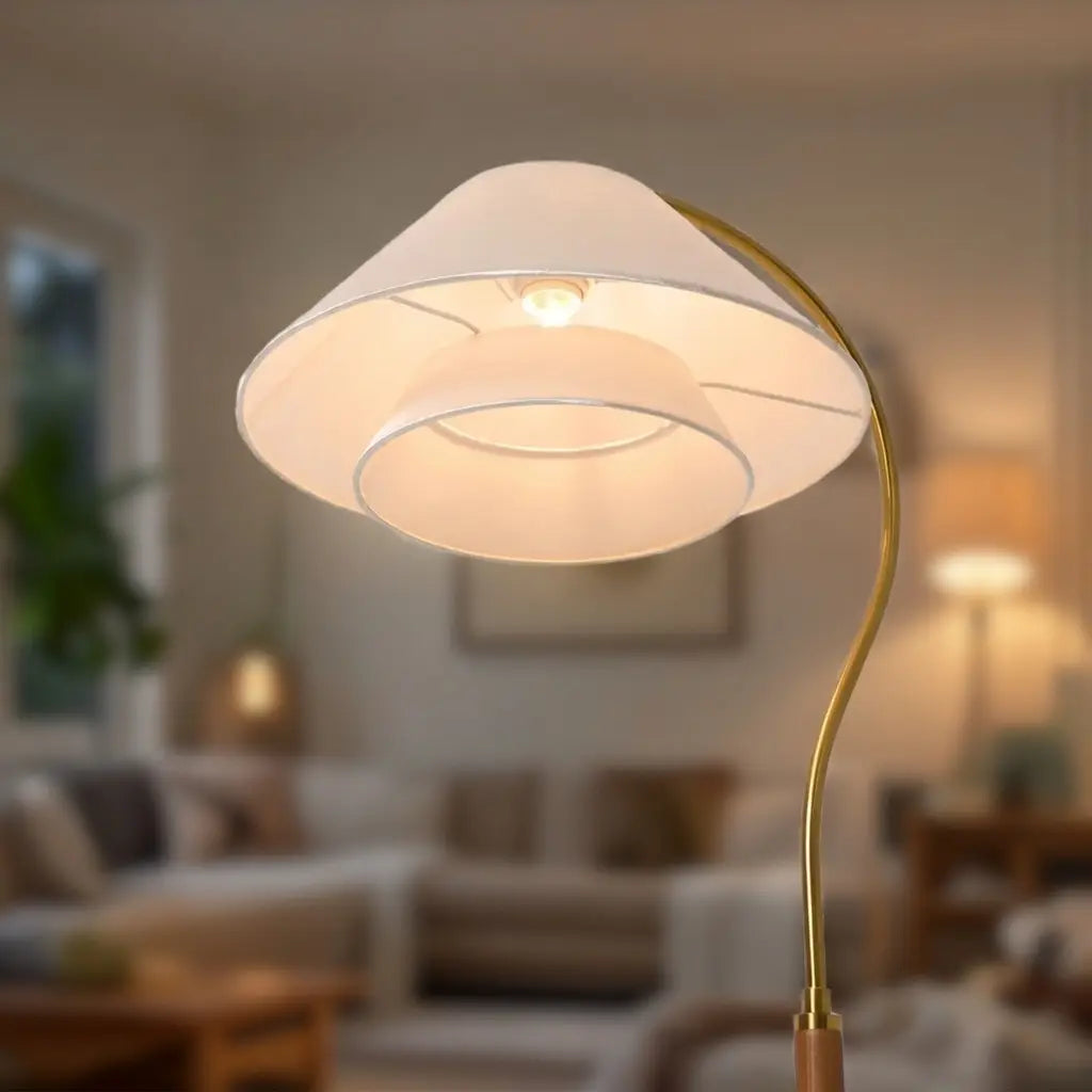 Sven Mid-Century Wood & Fabric Arc Floor Lamp