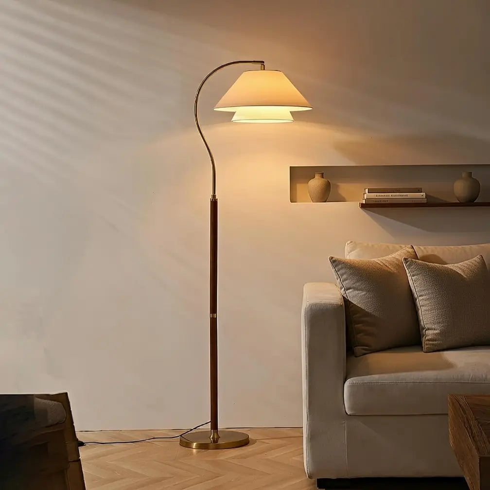 Sven Mid-Century Wood & Fabric Arc Floor Lamp