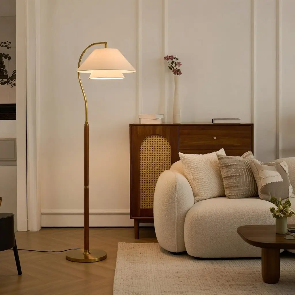 Sven Mid-Century Wood & Fabric Arc Floor Lamp