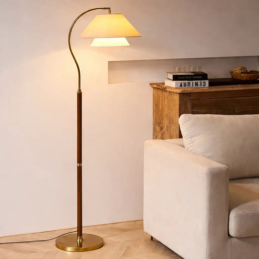 Sven Mid-Century Wood & Fabric Arc Floor Lamp