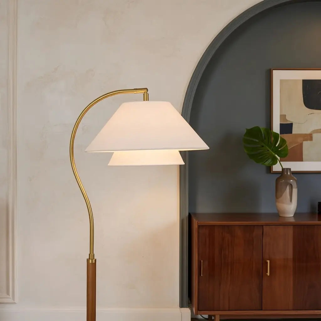 Sven Mid-Century Wood & Fabric Arc Floor Lamp