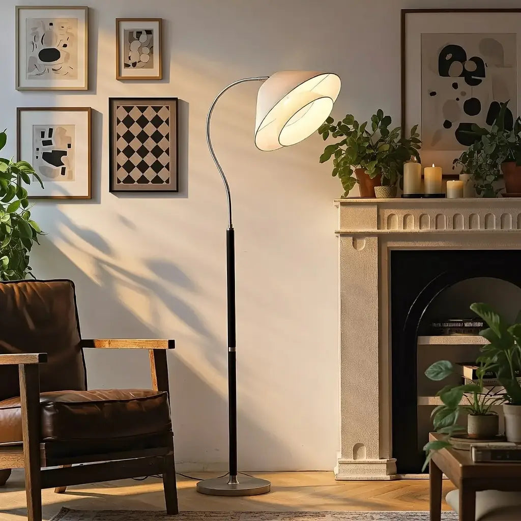 Sven Mid-Century Wood & Fabric Arc Floor Lamp