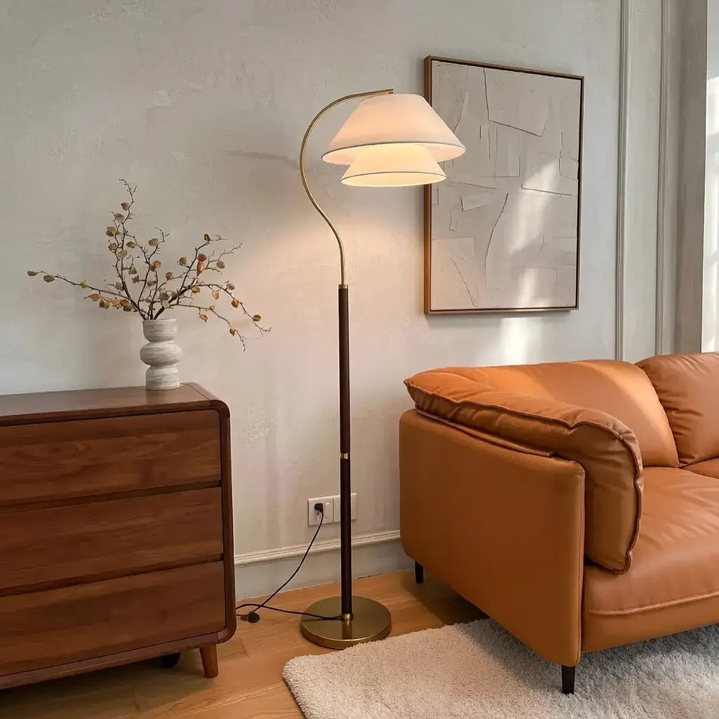 Sven Mid-Century Wood & Fabric Arc Floor Lamp