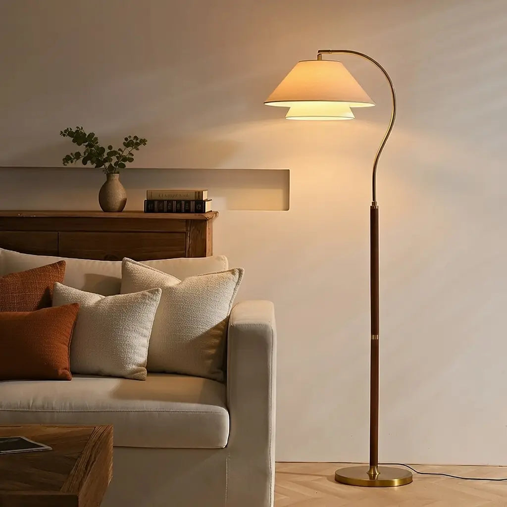 Sven Mid-Century Wood & Fabric Arc Floor Lamp