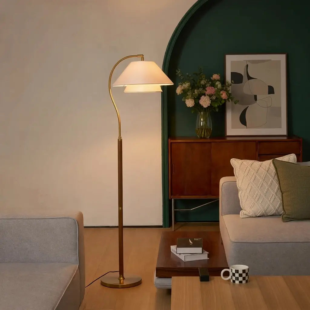 Sven Mid-Century Wood & Fabric Arc Floor Lamp