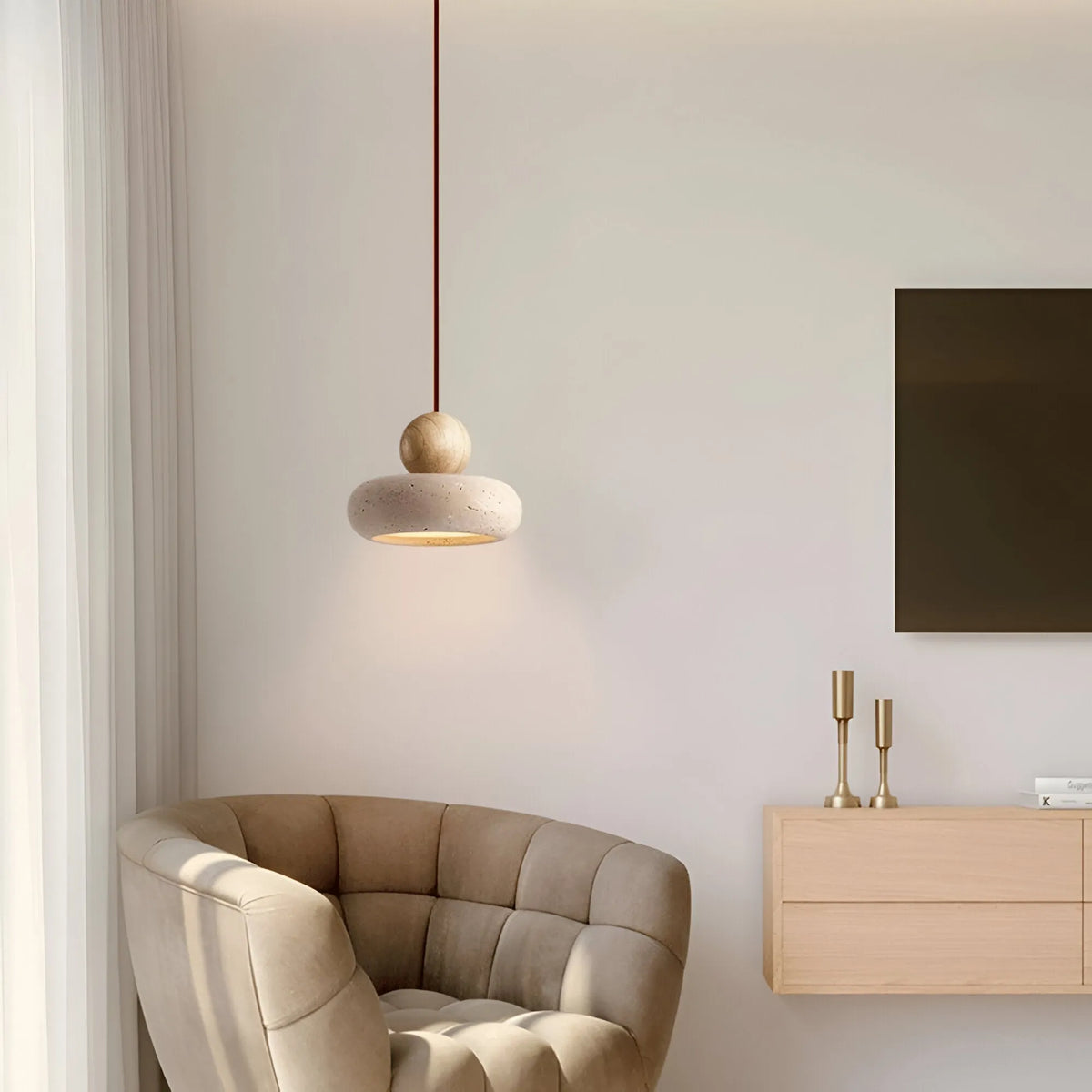 Avava Wabi-Sabi Travertine & Wood LED Pendant Light