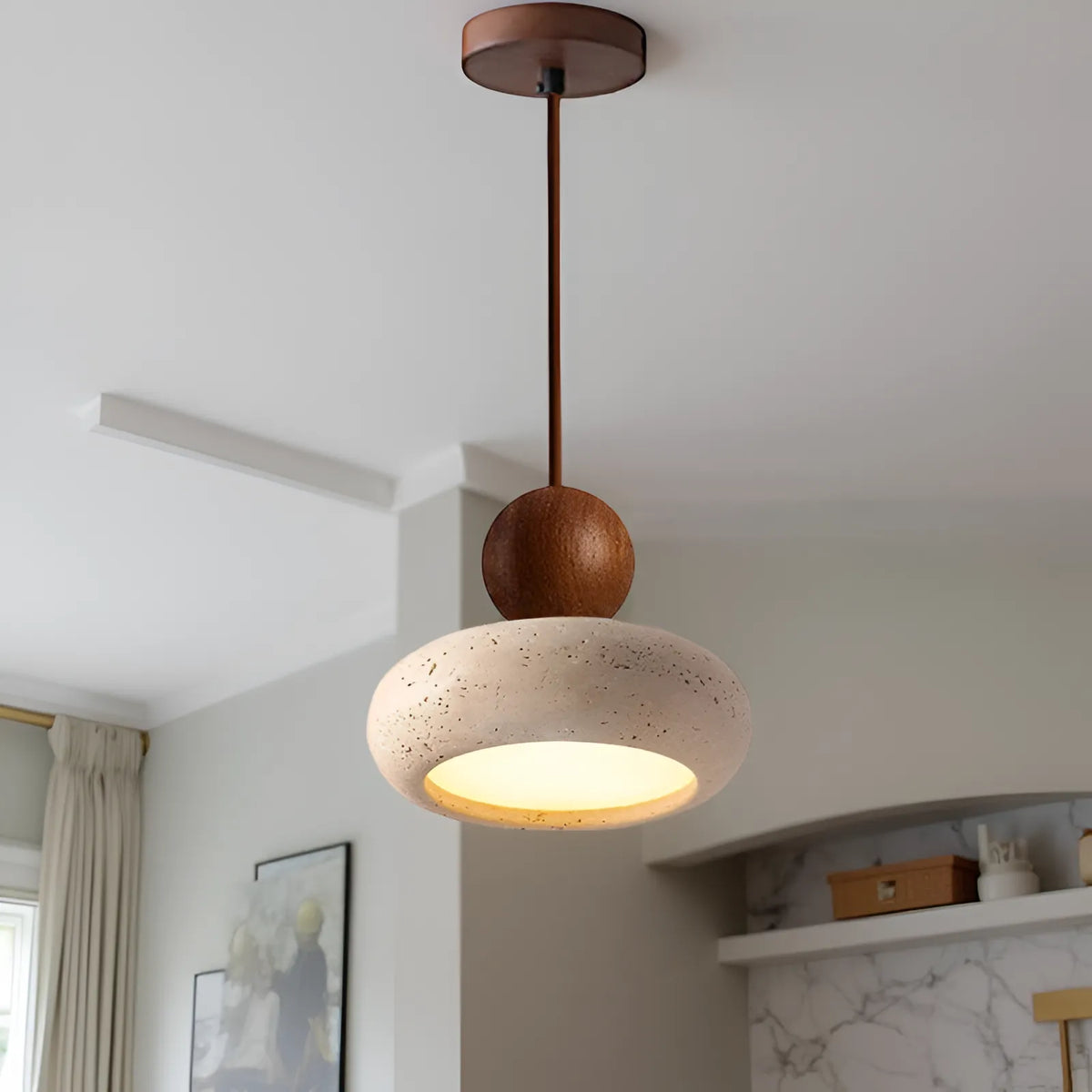 Avava Wabi-Sabi Travertine & Wood LED Pendant Light