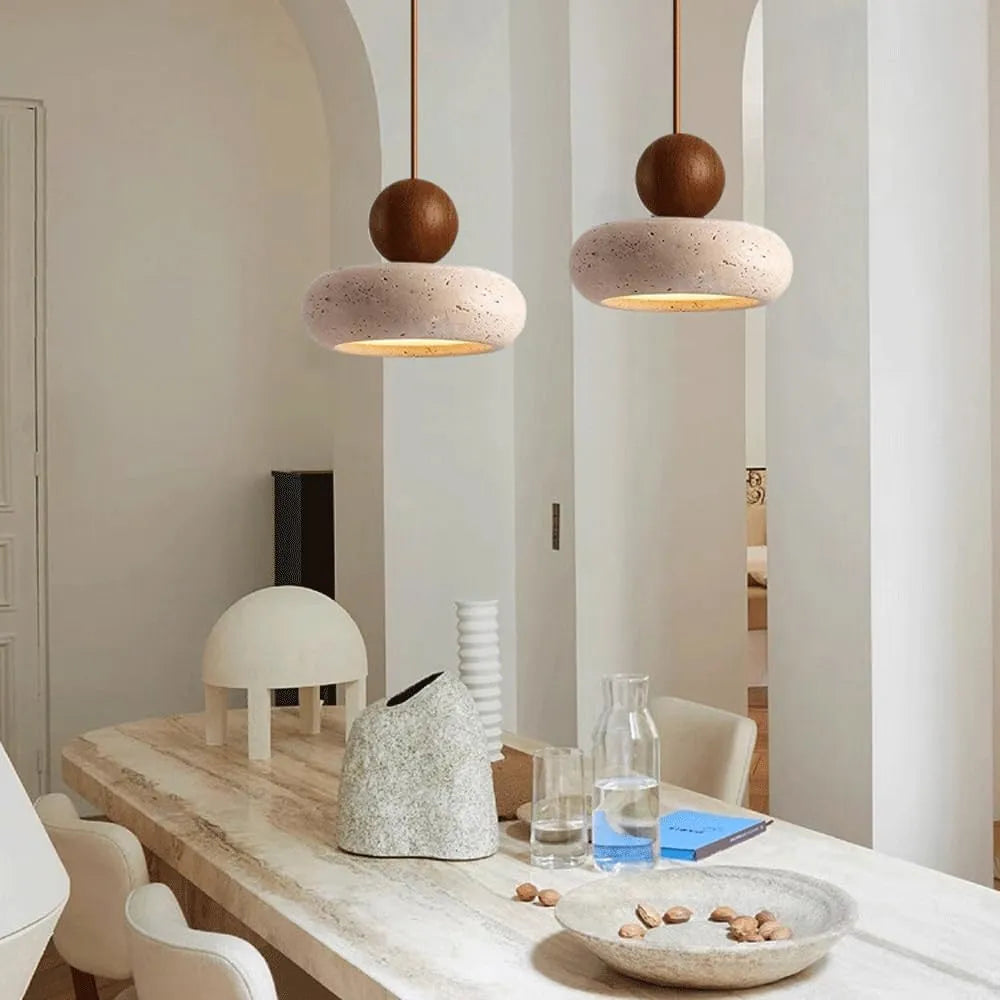 Avava Wabi-Sabi Travertine & Wood LED Pendant Light