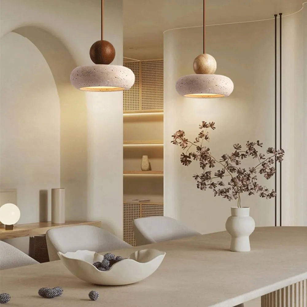 Avava Wabi-Sabi Travertine & Wood LED Pendant Light