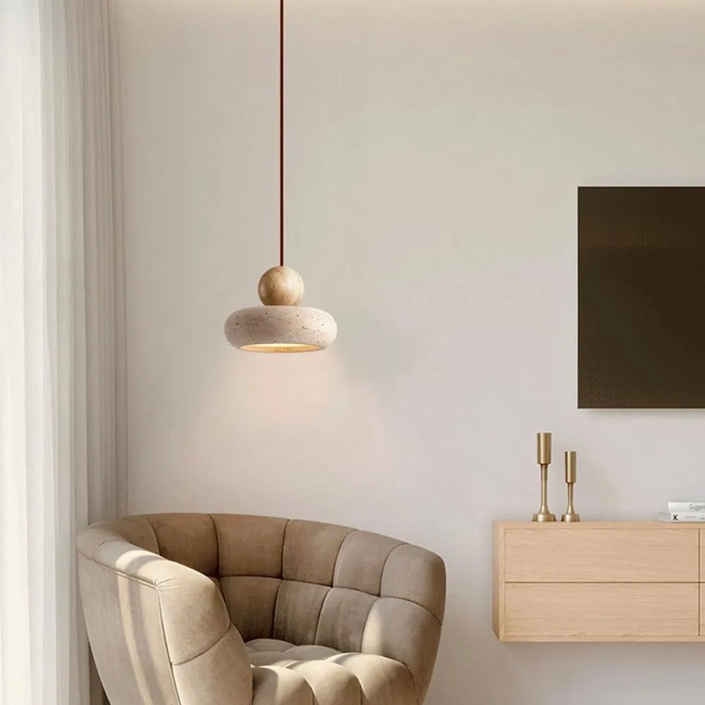 Avava Wabi-Sabi Travertine & Wood LED Pendant Light