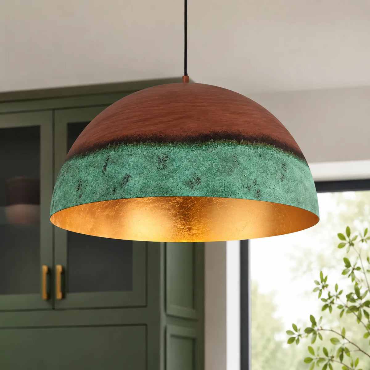Perla Farmhouse Copper & Green Dome Pendant Light