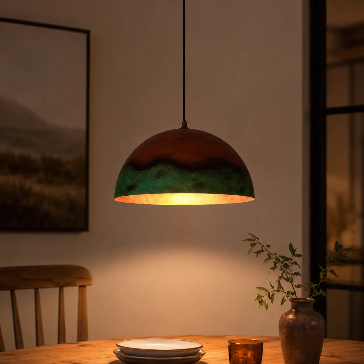 Perla Farmhouse Copper & Green Dome Pendant Light