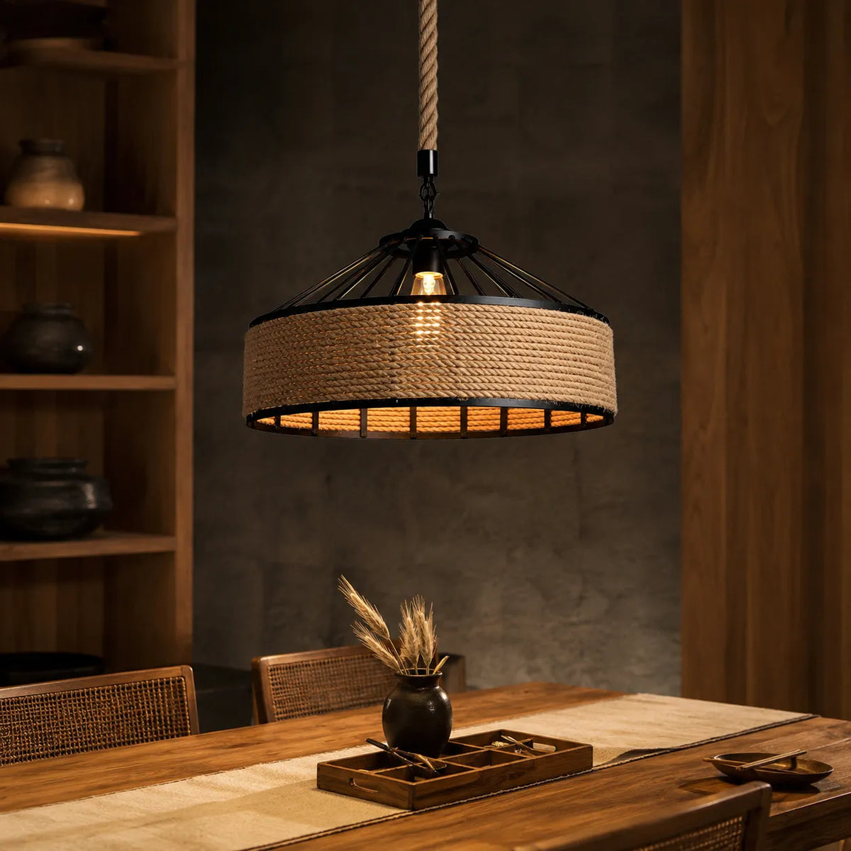 Avaria Rustic Hemp Rope & Iron Pendant Light