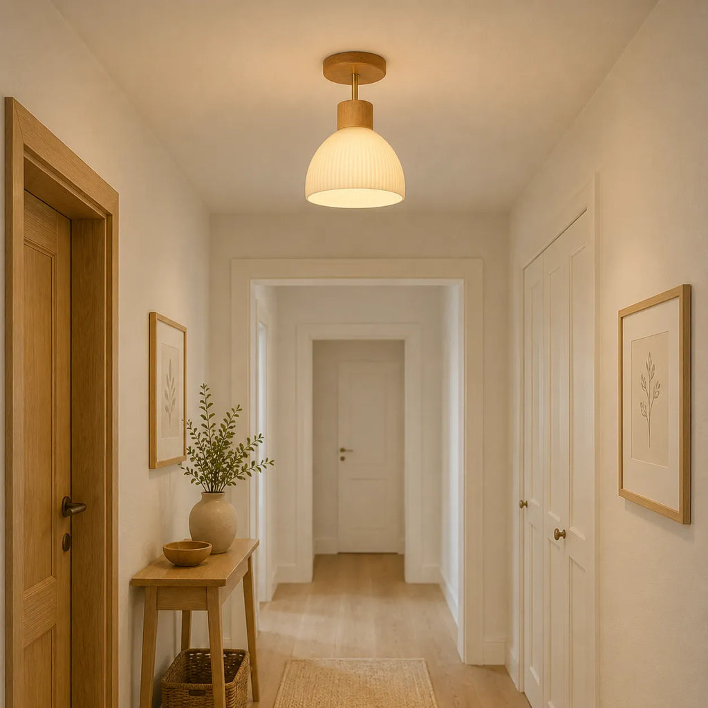 Thea Scandinavian Wood Accent Ribbed Bell Ceiling Light