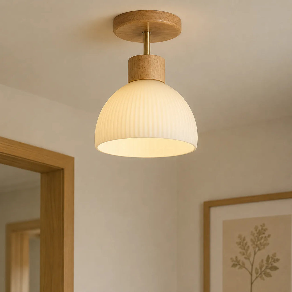 Thea Scandinavian Wood Accent Ribbed Bell Ceiling Light