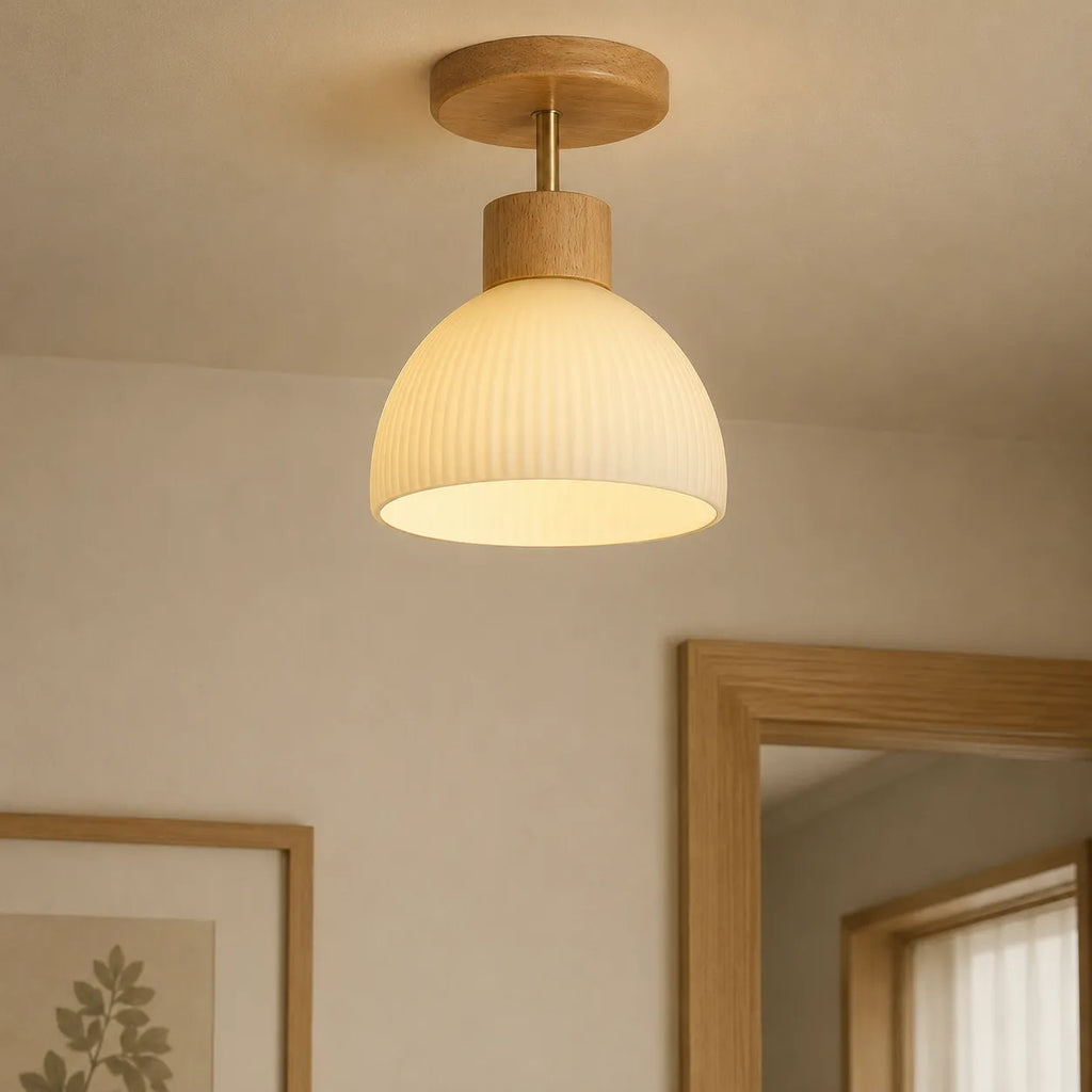 Thea Scandinavian Wood Accent Ribbed Bell Ceiling Light
