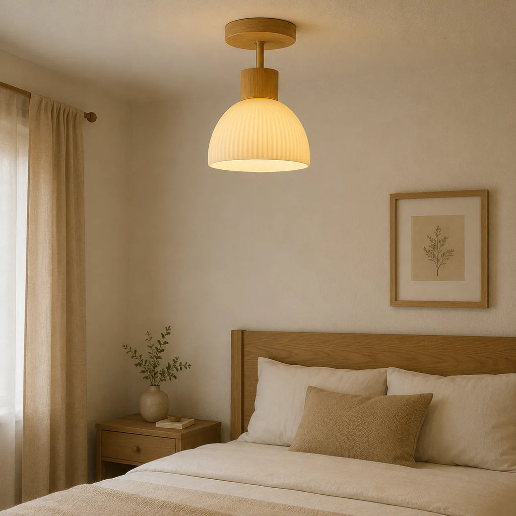 Thea Scandinavian Wood Accent Ribbed Bell Ceiling Light