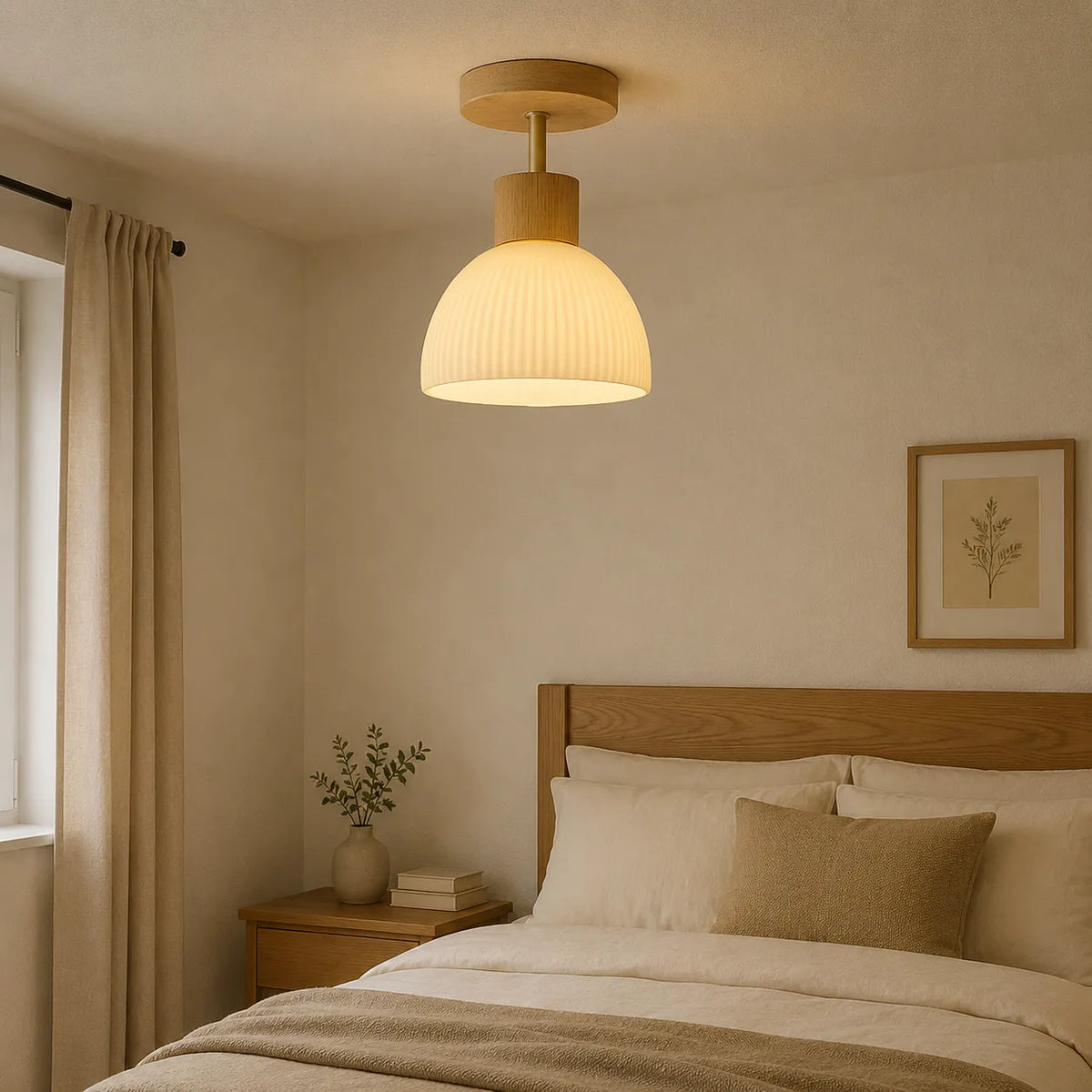 Thea Scandinavian Wood Accent Ribbed Bell Ceiling Light