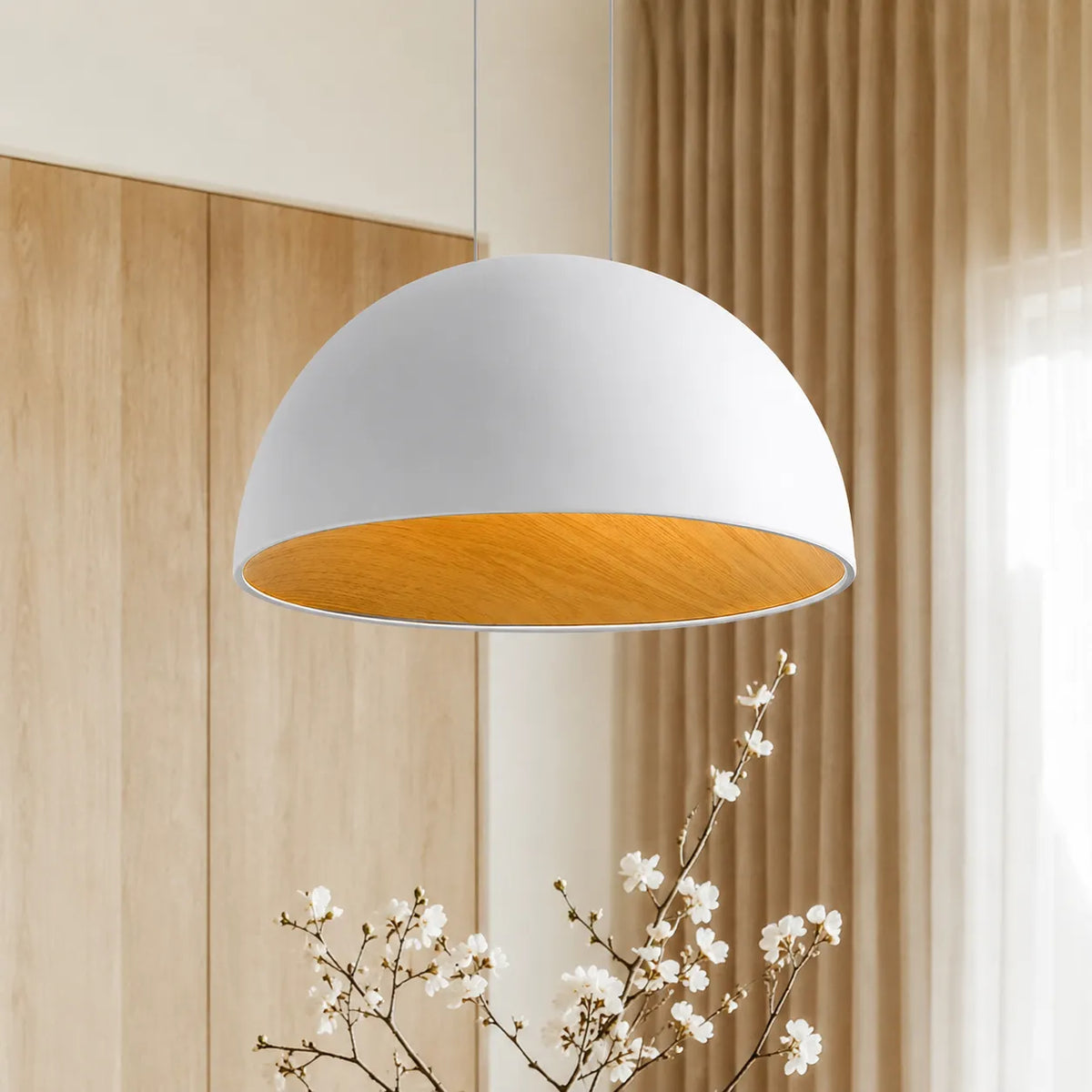 Leander Scandinavian Wood-Lined LED Dome Pendant Light