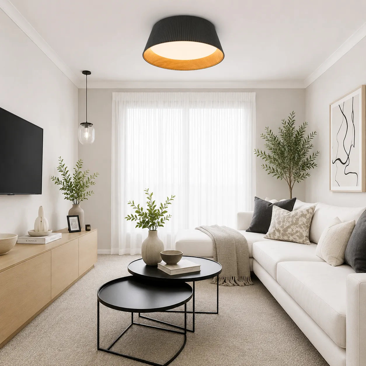 Scandinavian Wood-Lined LED Flush Mount Ceiling Light
