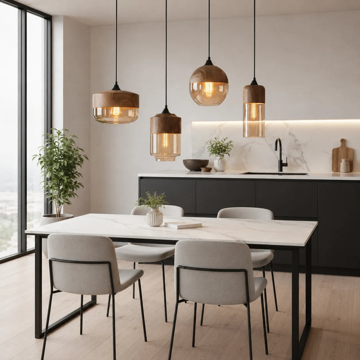 Avaina Scandinavian Wood & Tinted Glass Pendant Light