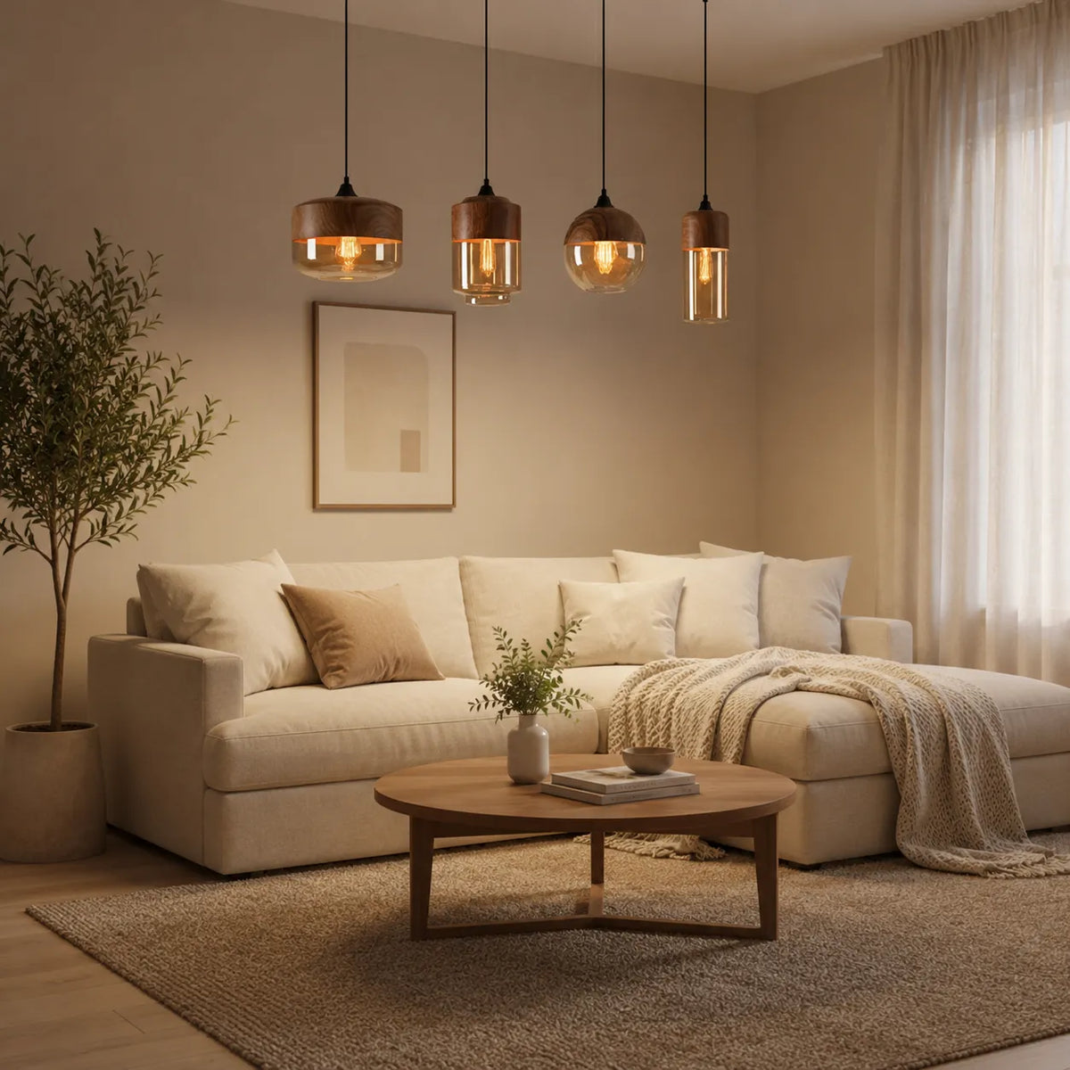 Avaina Scandinavian Wood & Tinted Glass Pendant Light