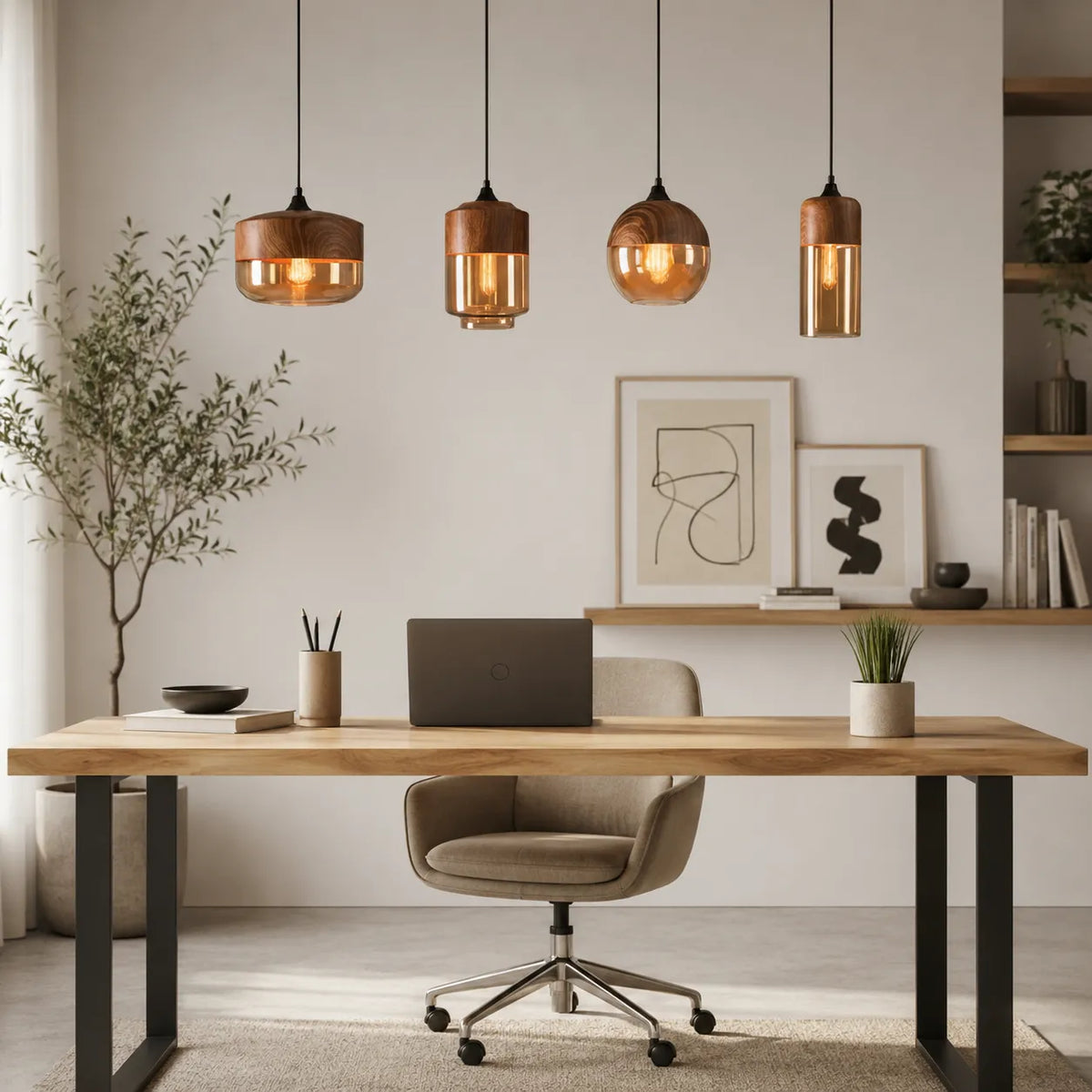 Avaina Scandinavian Wood & Tinted Glass Pendant Light