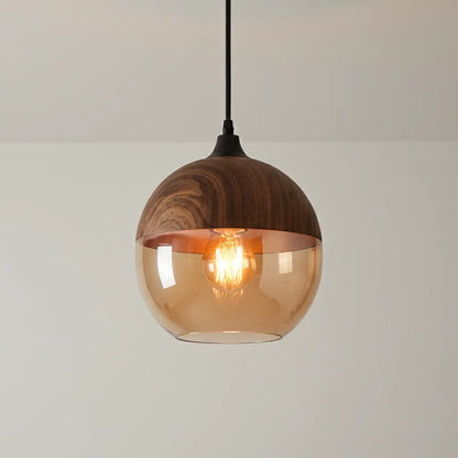 Scandinavian Wood and Tinted Glass Ceiling Lamp