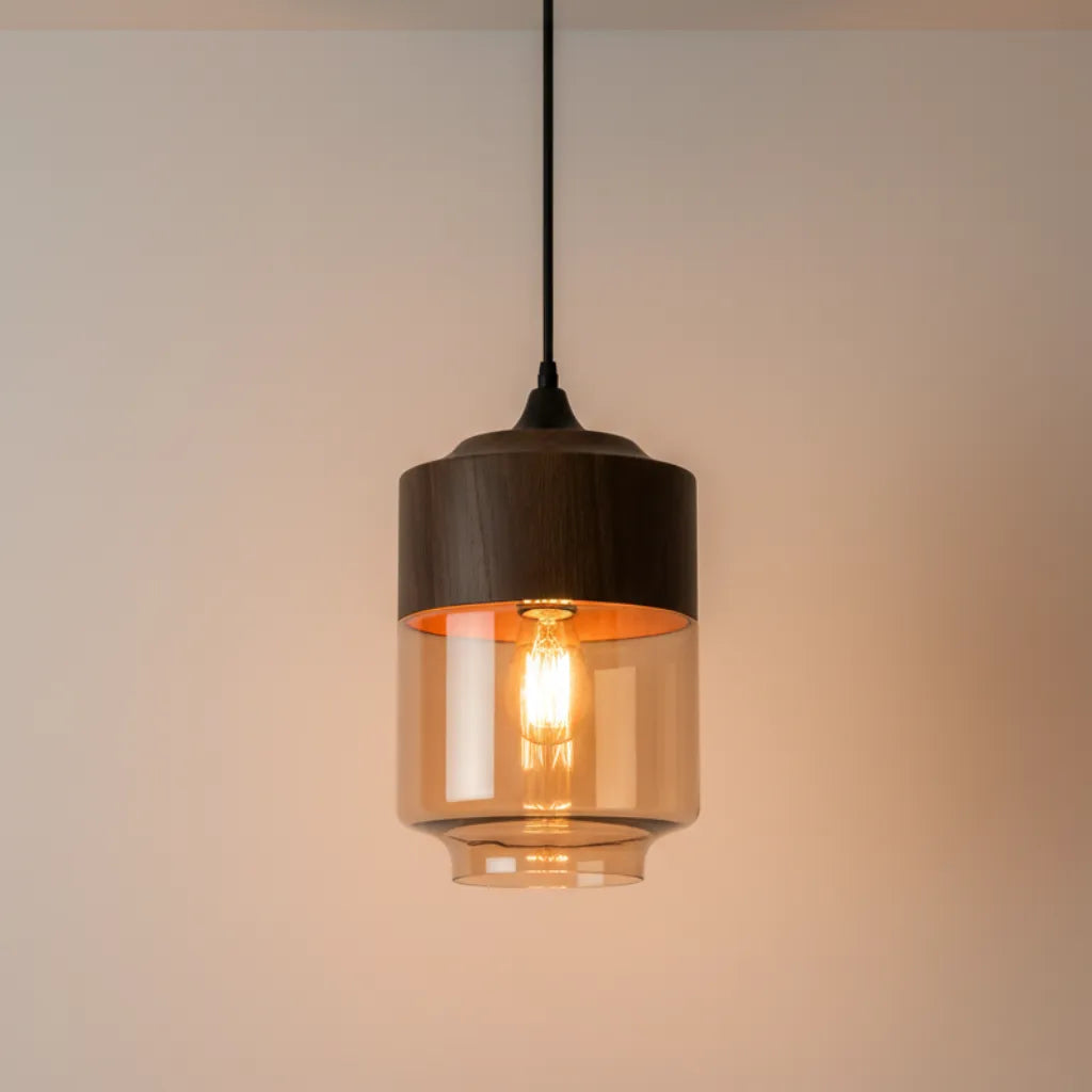 Avaina Scandinavian Wood & Tinted Glass Pendant Light
