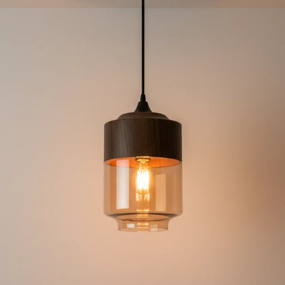 Scandinavian Wood and Tinted Glass Ceiling Lamp