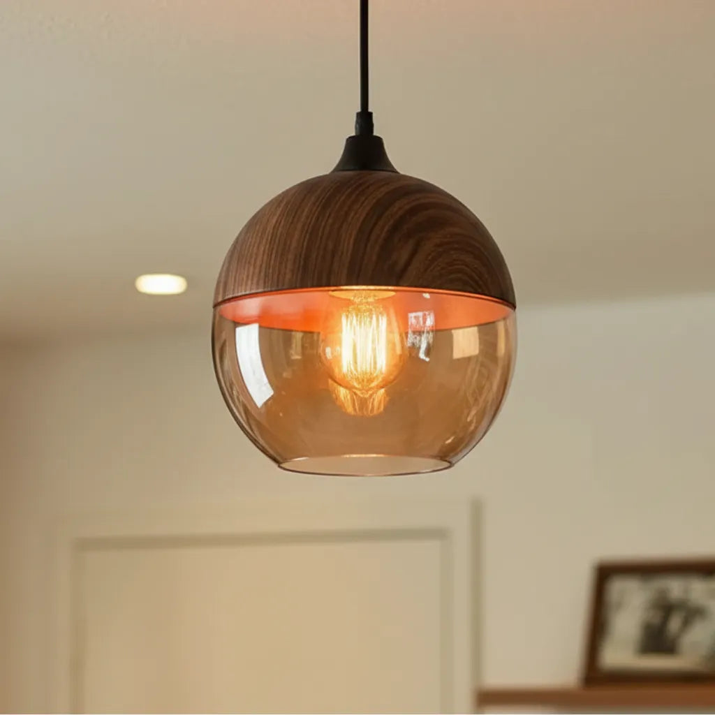 Avaina Scandinavian Wood & Tinted Glass Pendant Light
