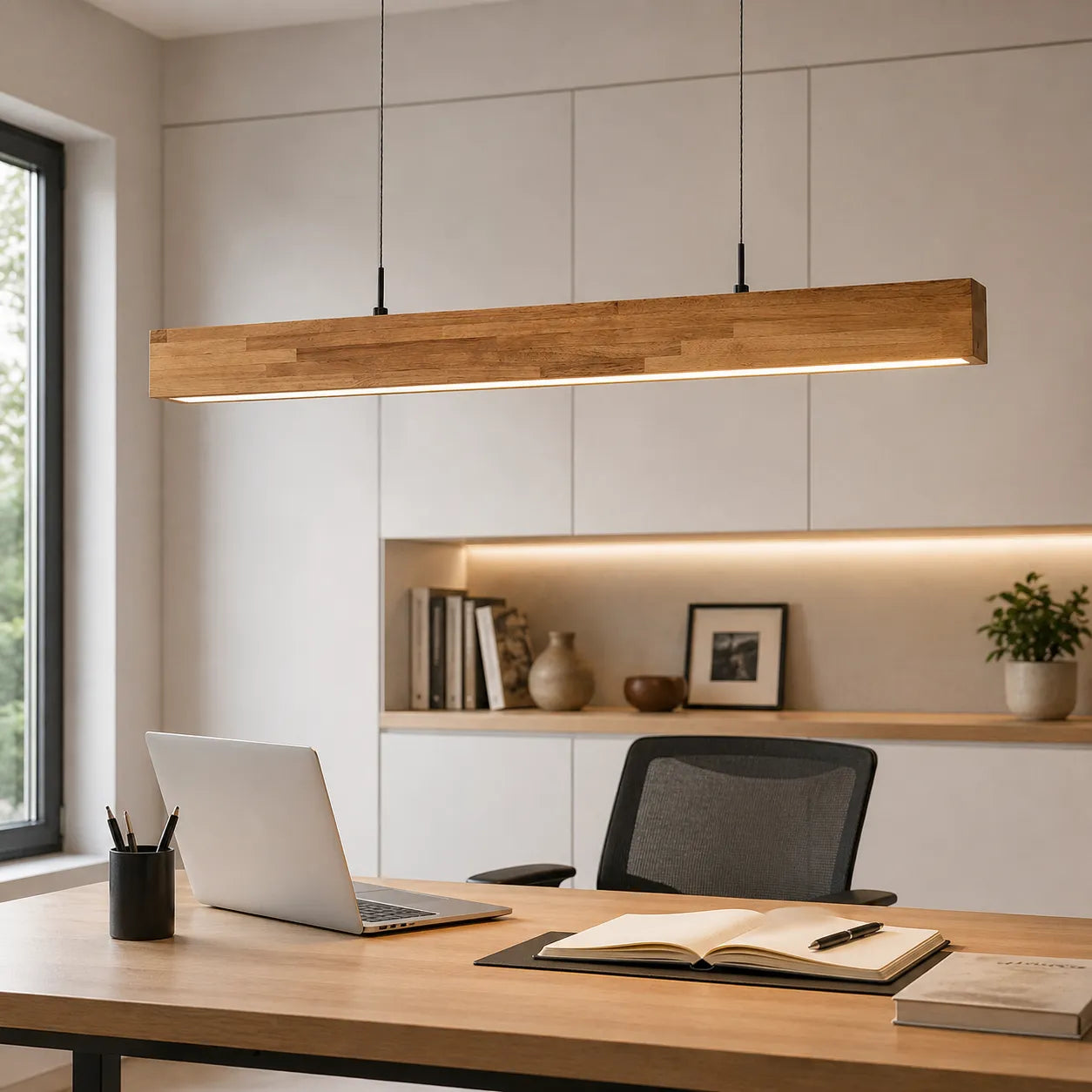 Sleek Linear LED Pendant with Natural Wood Accent
