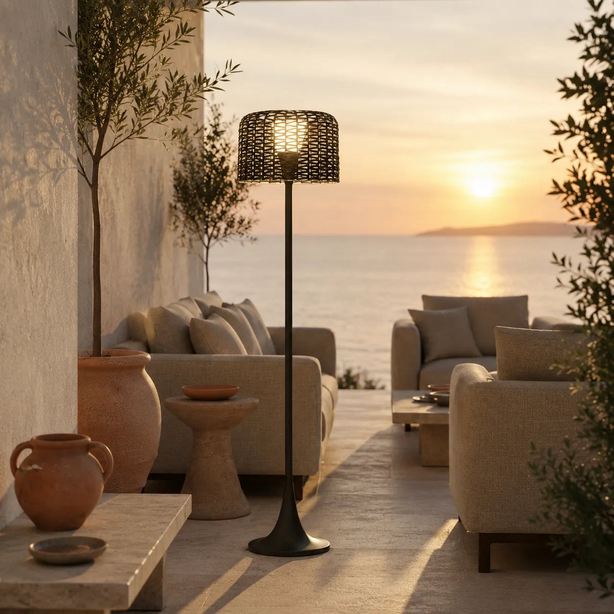 Aubin Solar Rattan LED Outdoor Floor Lamp