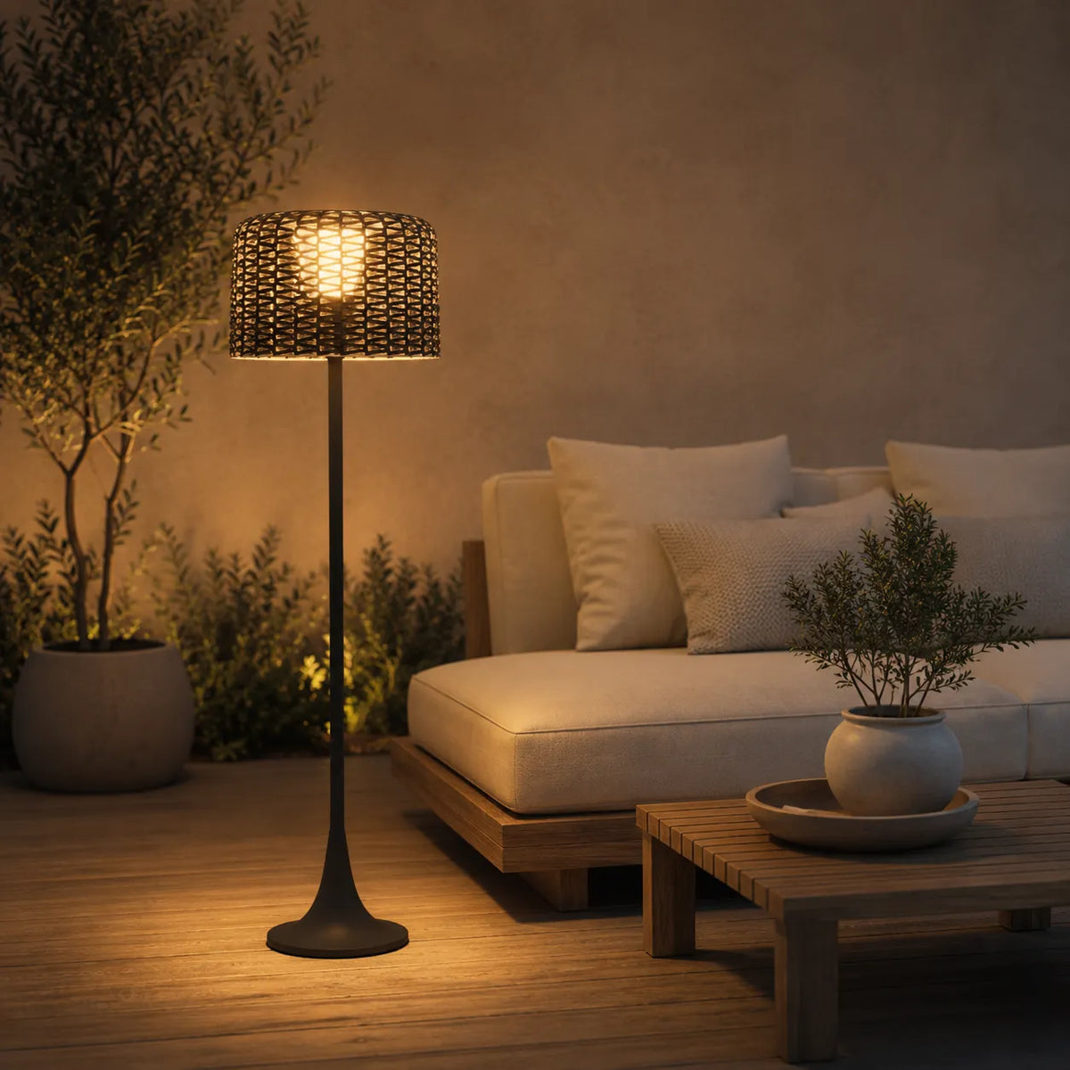 Aubin Solar Rattan LED Outdoor Floor Lamp