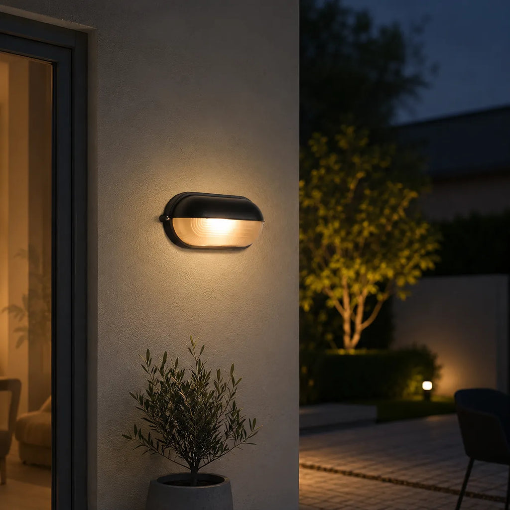Strata Industrial Ribbed Glass Outdoor Bulkhead Wall Light
