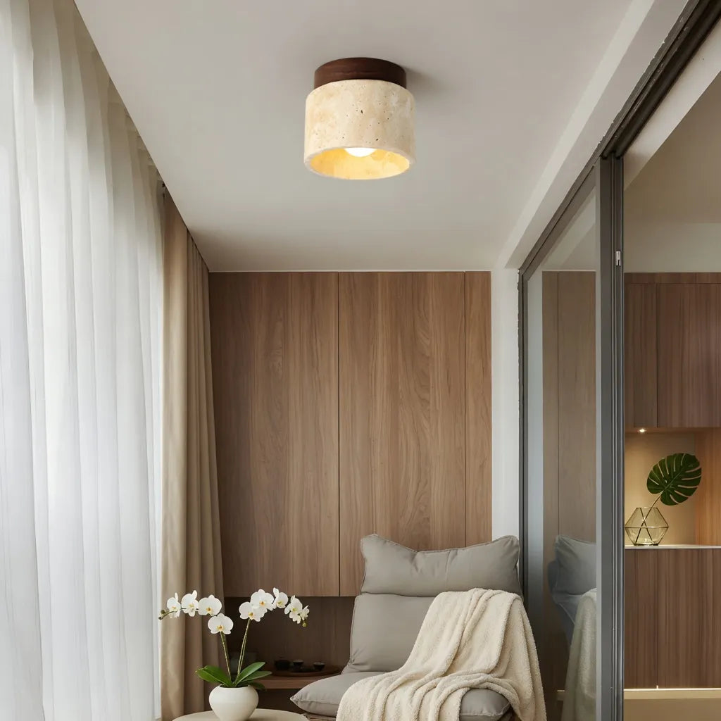 Marina Minimalist Travertine Cylinder Flush Mount Ceiling Light