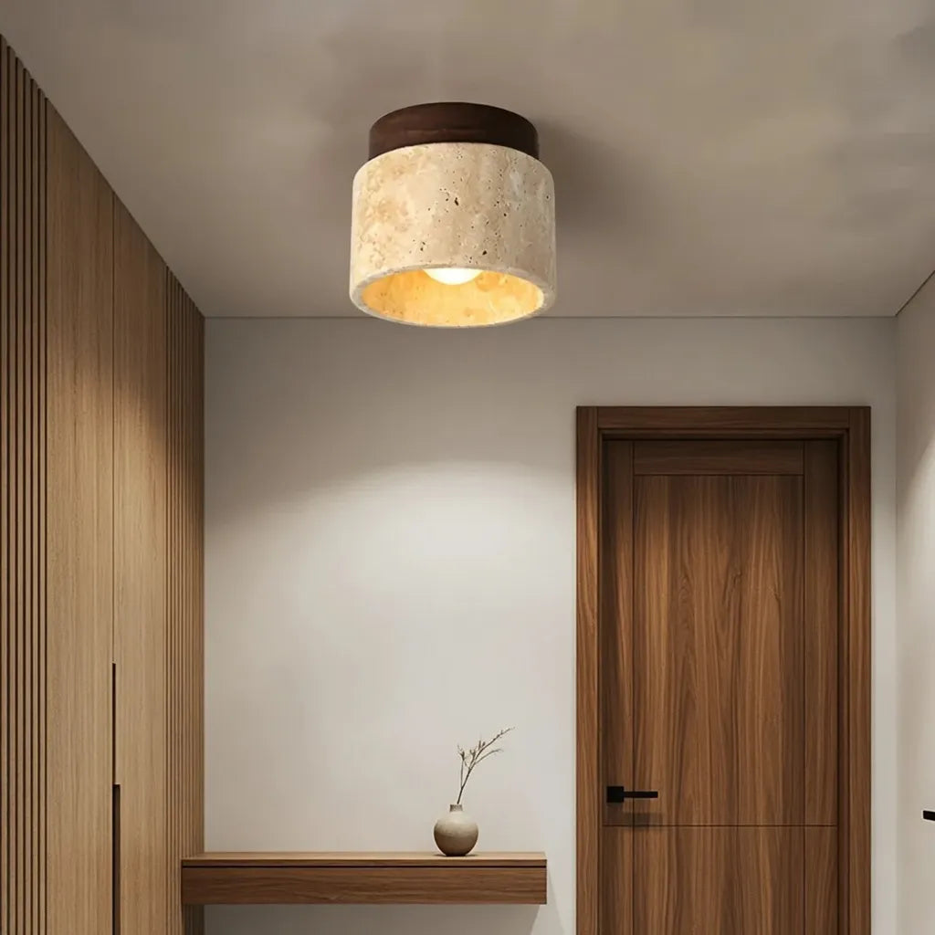 Travertine Cylinder Flush Mount Ceiling Light with Wood Accent