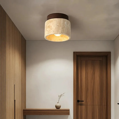 Travertine Cylinder Flush Mount Ceiling Light with Wood Accent
