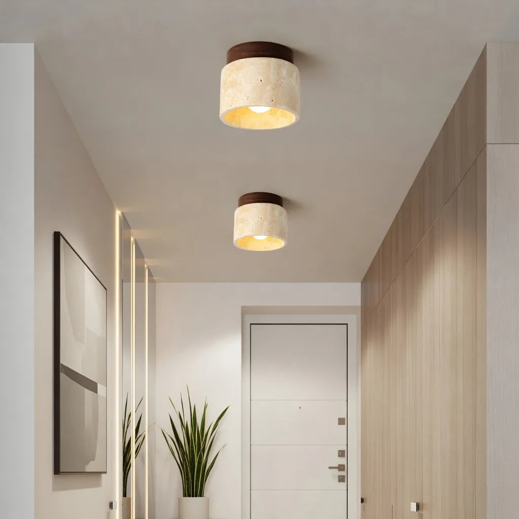 Marina Minimalist Travertine Cylinder Flush Mount Ceiling Light