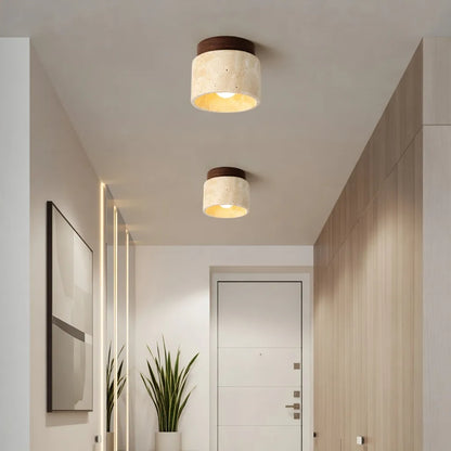 Travertine Cylinder Flush Mount Ceiling Light with Wood Accent