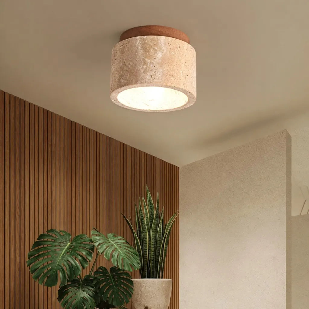Marina Minimalist Travertine Cylinder Flush Mount Ceiling Light