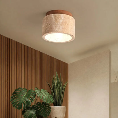Travertine Cylinder Flush Mount Ceiling Light with Wood Accent