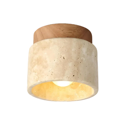 Travertine Cylinder Flush Mount Ceiling Light with Wood Accent