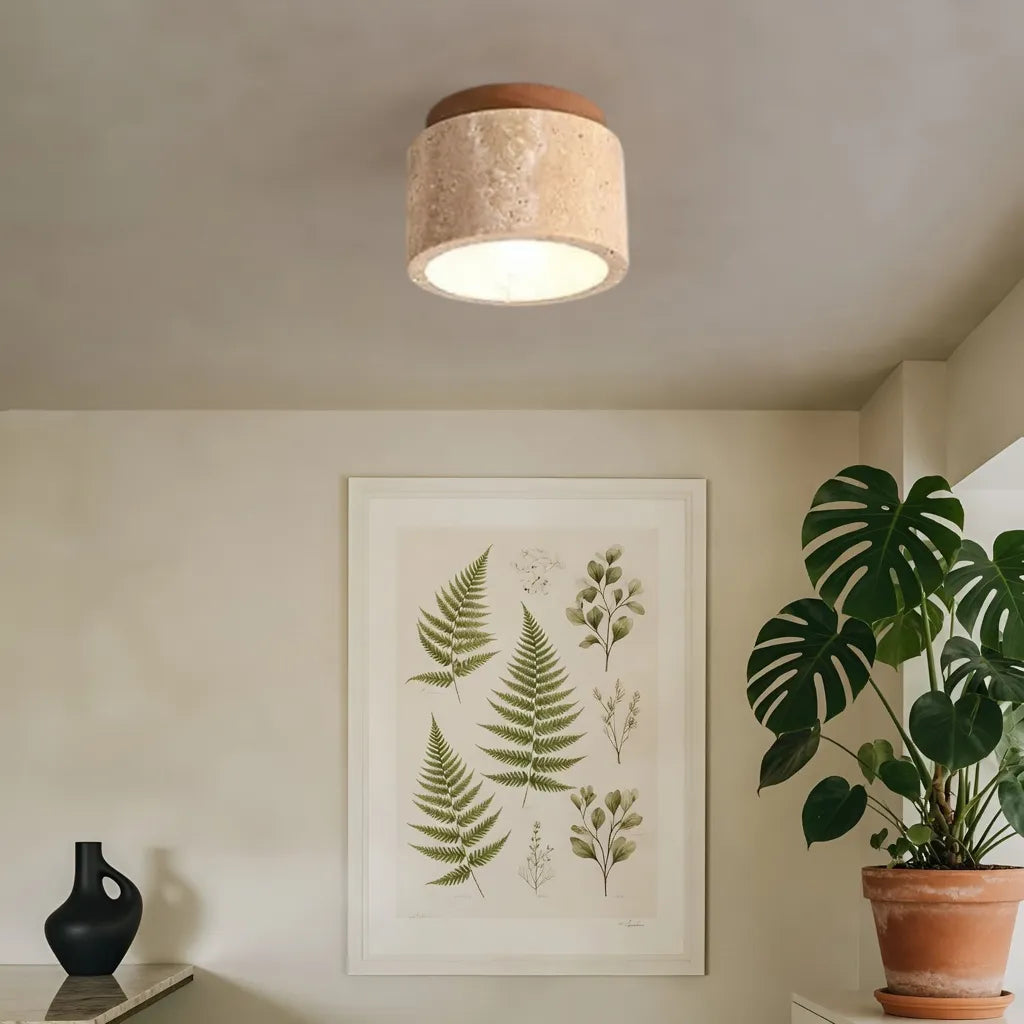 Marina Minimalist Travertine Cylinder Flush Mount Ceiling Light