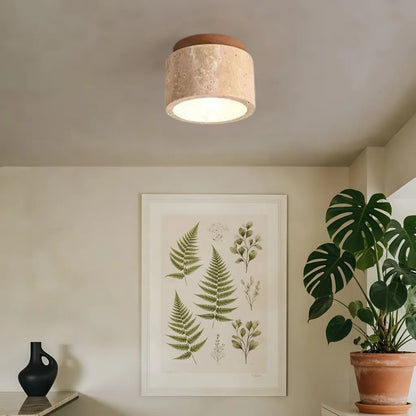 Travertine Cylinder Flush Mount Ceiling Light with Wood Accent
